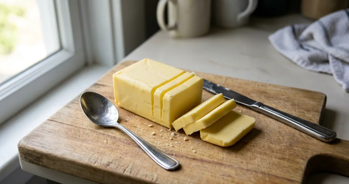 Tablete de manteiga sobre tábua de madeira com colher e faca ao lado, algumas fatias já cortadas