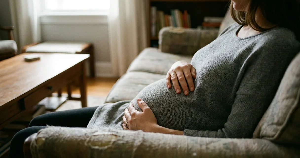 Gestante sentada no sofá com as duas mãos apoiadas sobre a barriga, com luz suave da janela