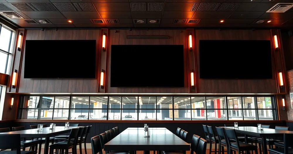 interior de bar esportivo com telas grandes desligadas e mesas vazias