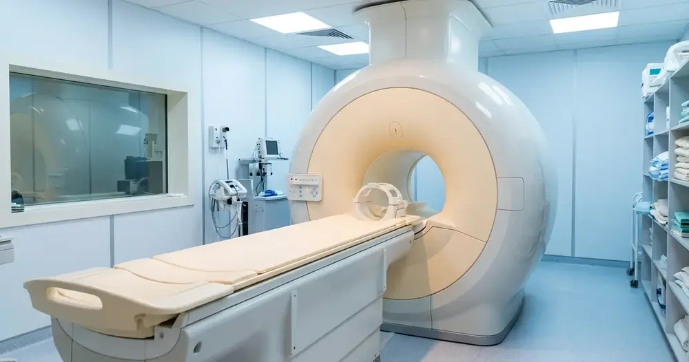 sala de ressonância magnética com o aparelho e a mesa vazia