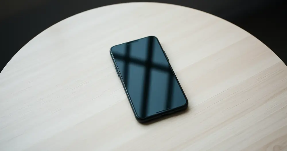 Smartphone preto com tela apagada sobre mesa de madeira clara